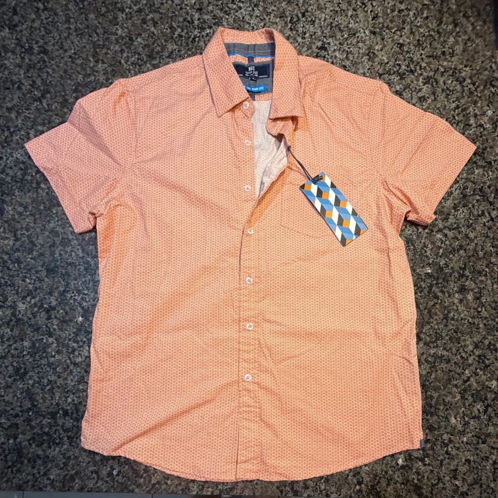MBX Premium Goods Mens Peached Poplin‎ Button Down Shirt Orange Geometric Medium
